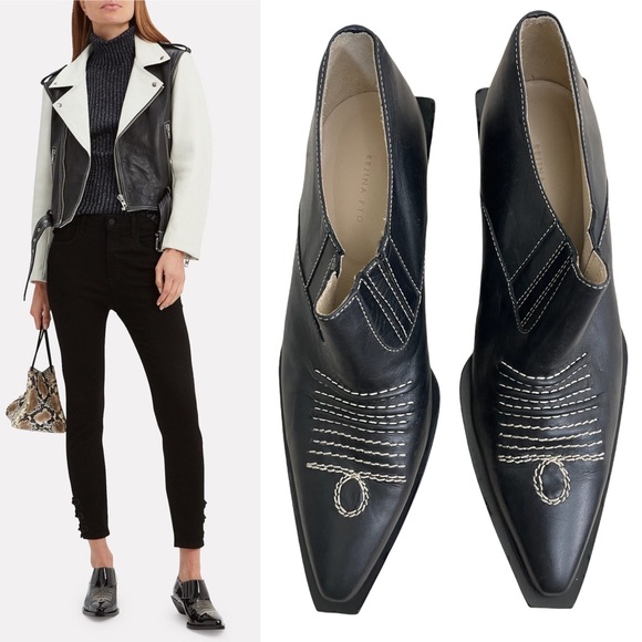 Rejina Pyo Shoes - Rejina Pyo Dolores Topstitch Leather Brogue Cowboy Ankle Boot 41 Black Western
